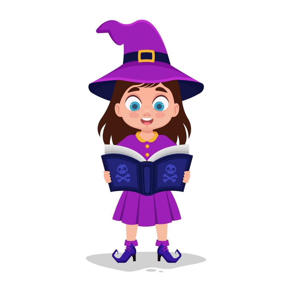 Cute child in witch costume reading a book vector