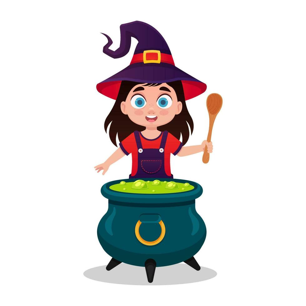 Cute child in a witch costume brews a potion vector