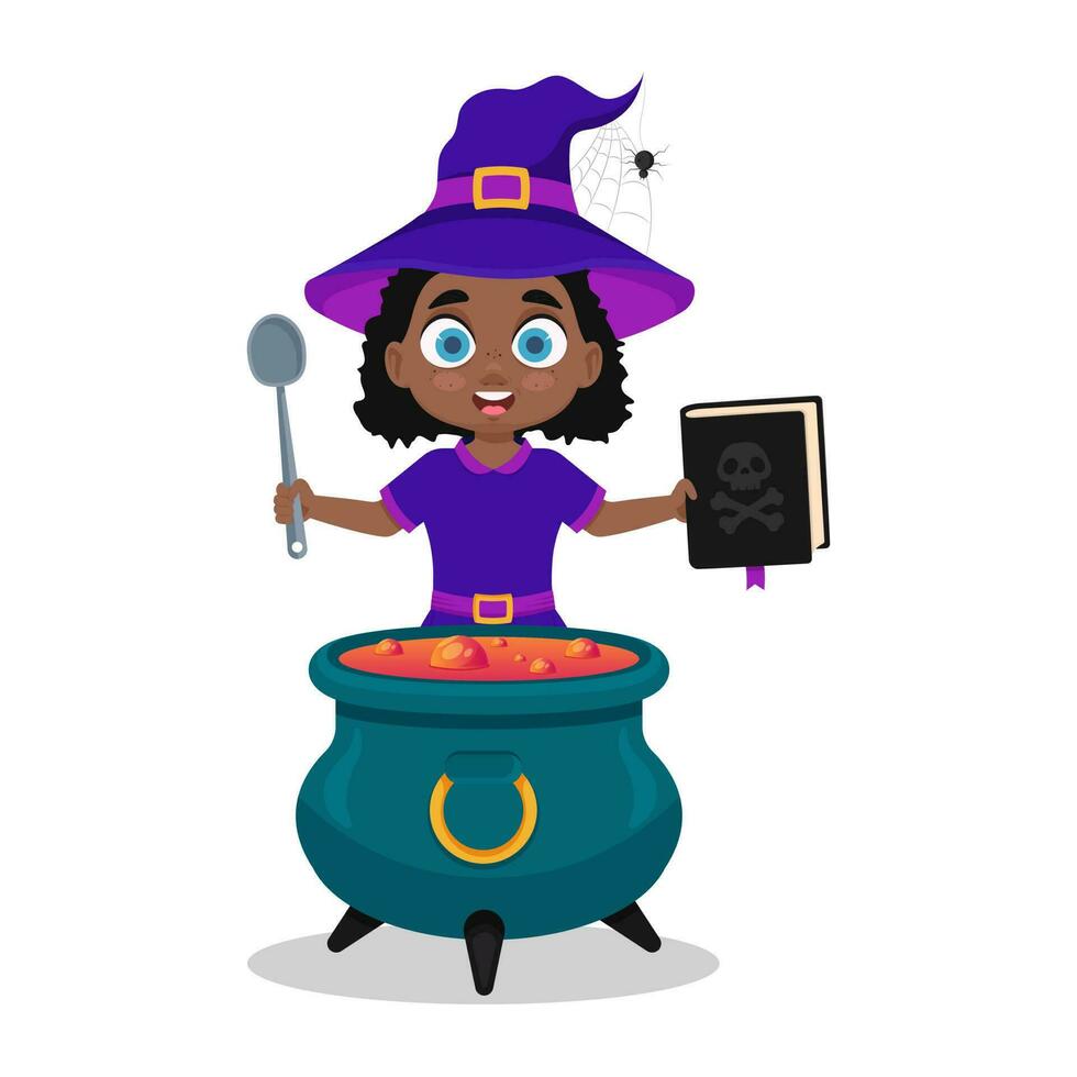 Cute child in a witch costume brews a potion vector
