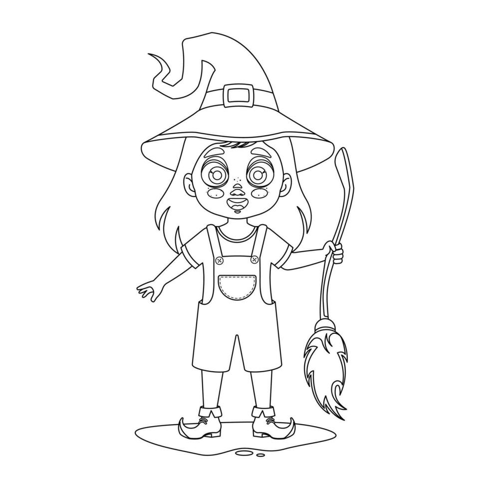 Girl dressed as a witch holding a broom, coloring book, vector illustration