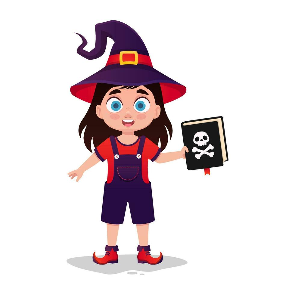 Cute child in a witch costume holding a book vector