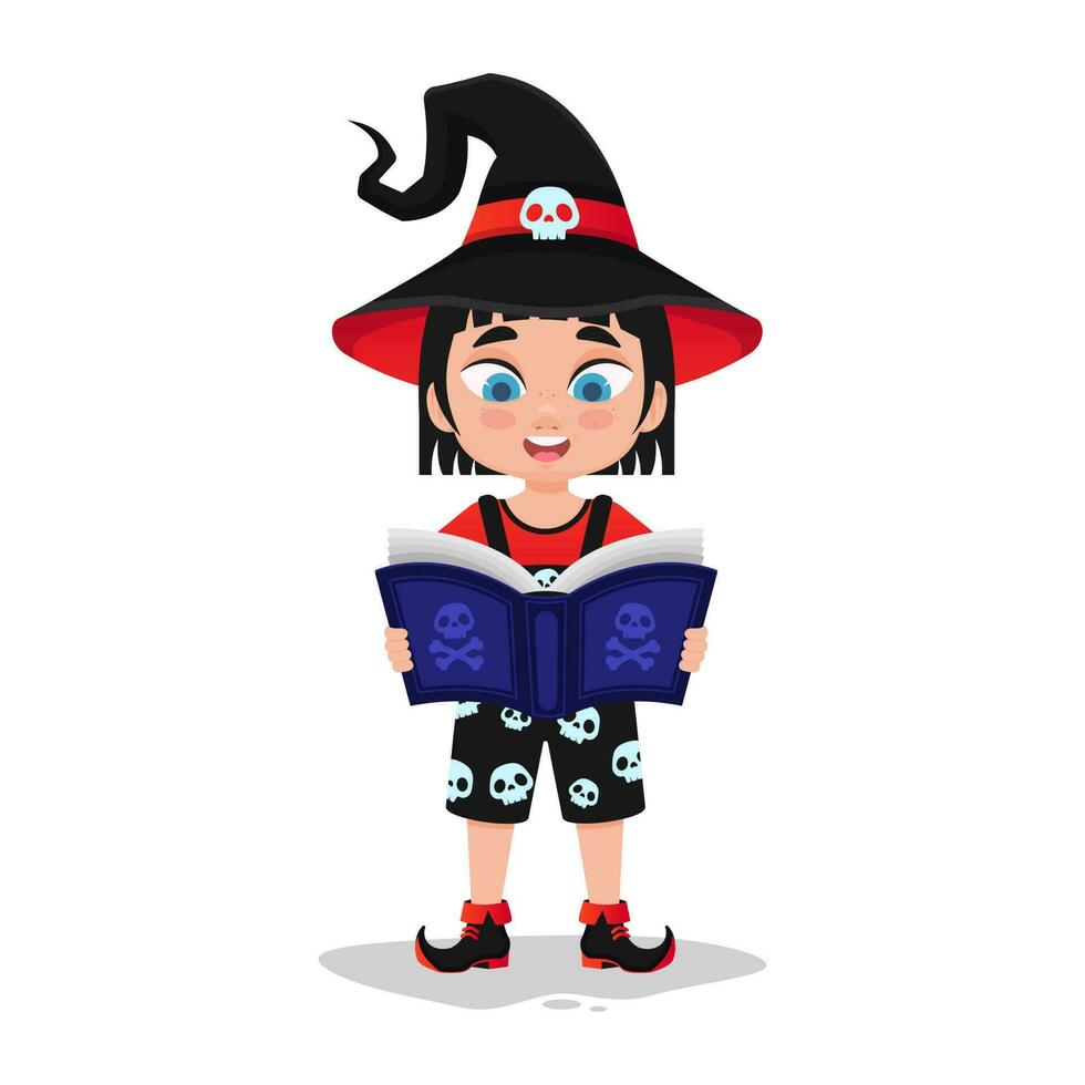 Cute child in witch costume reading a book vector