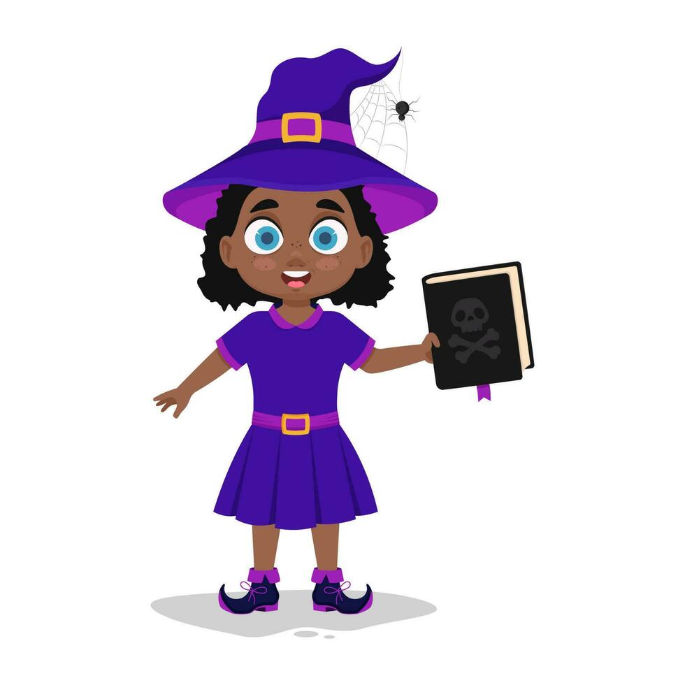 Cute child in a witch costume holding a book vector