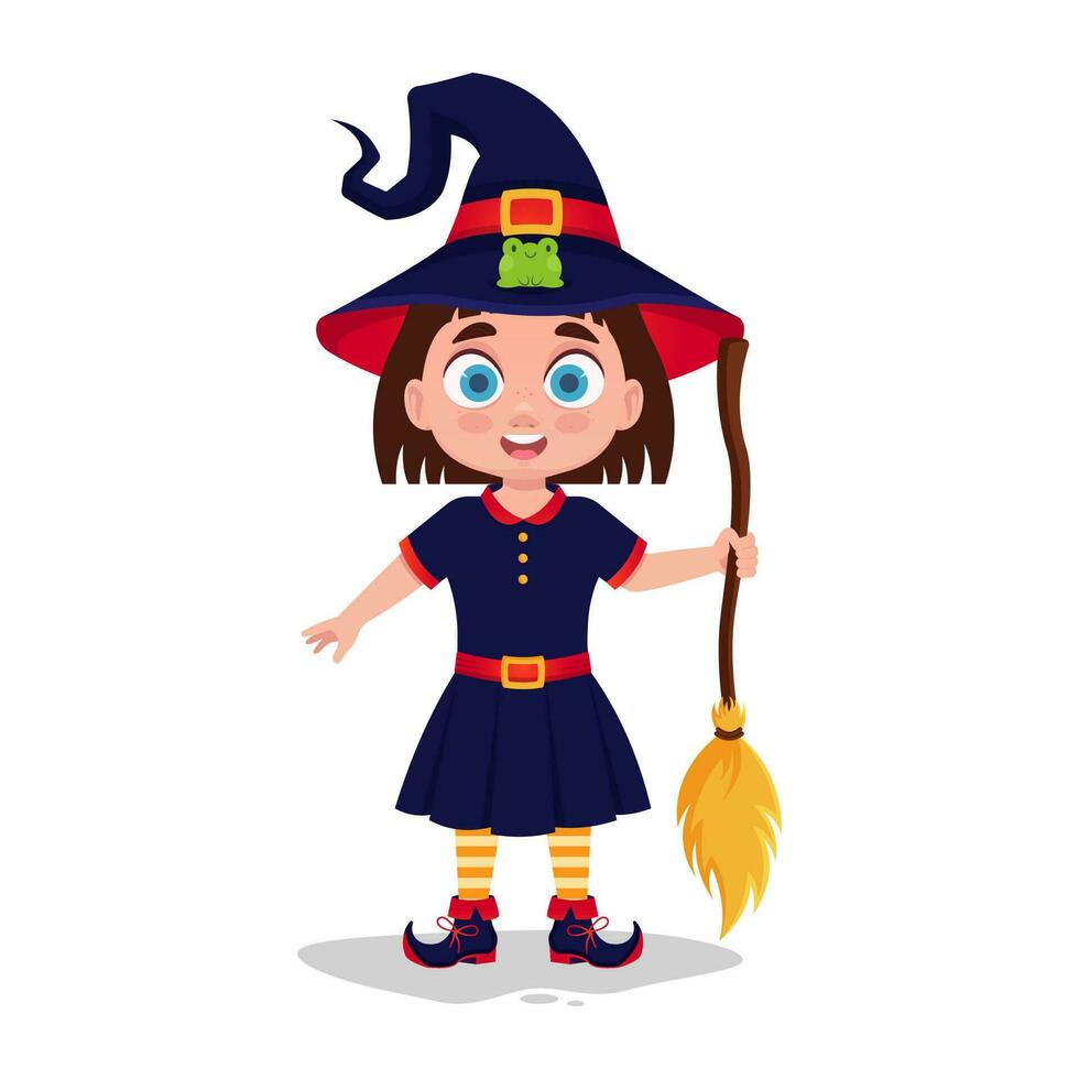 Child dressed as a witch goes to Halloween vector