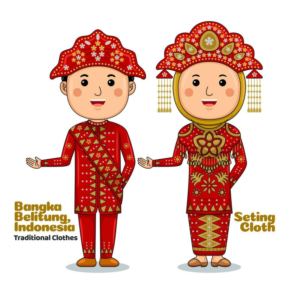 Pareja vestir tradicional ropa saludos Bienvenido a bangka belitung vector