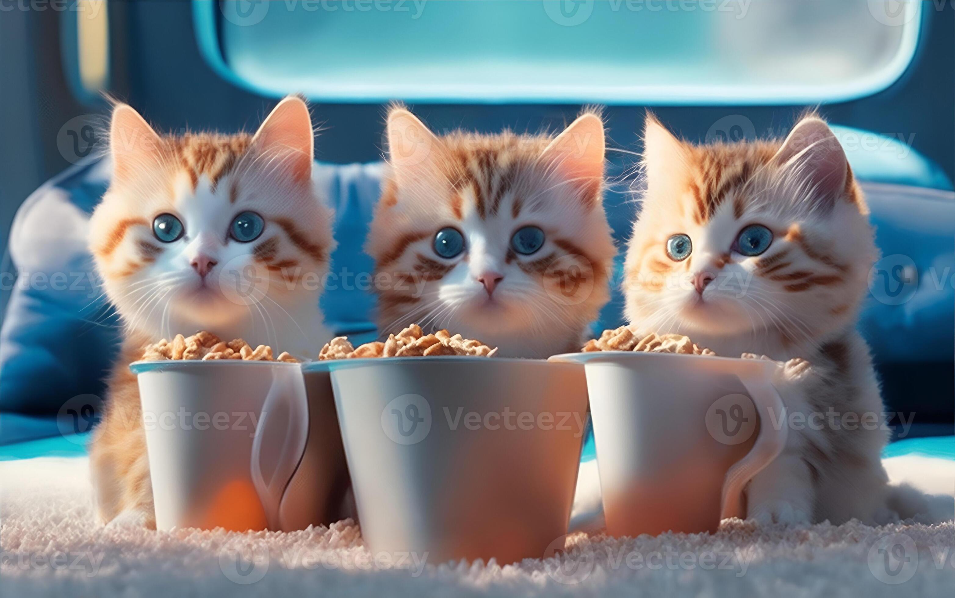 Three cute cat in sunglasses watching a movie with popcorn ...