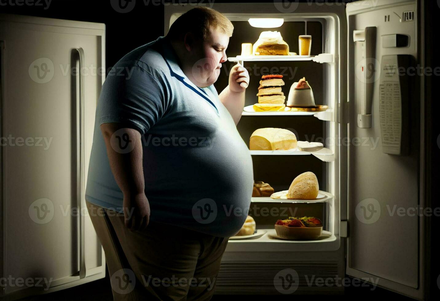 hungry obese man looking at food in the fridge at home at night. Generate Ai. photo