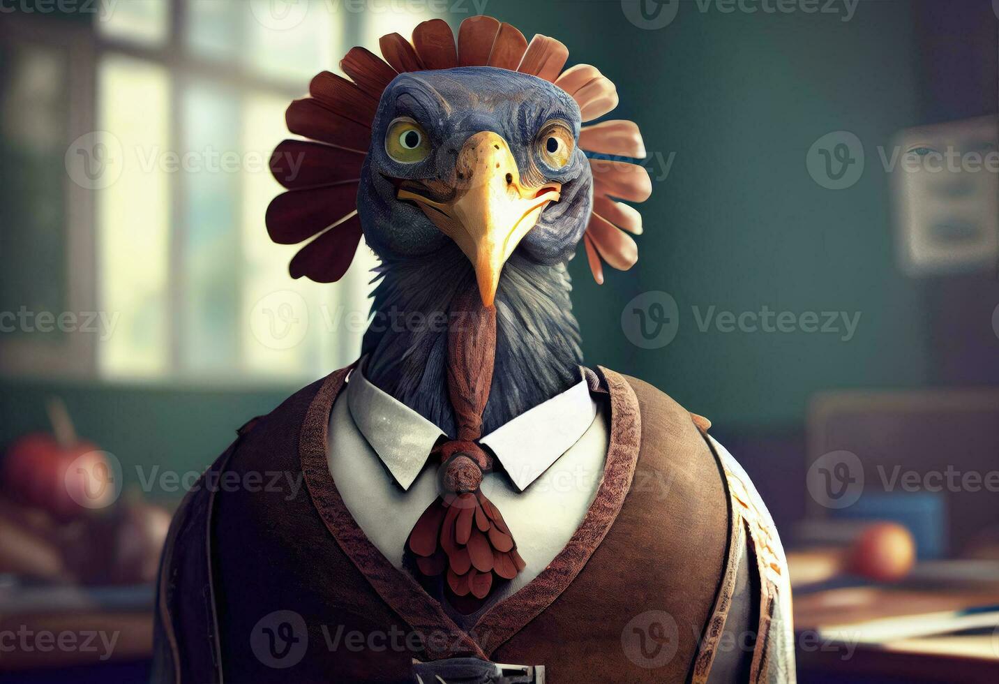 Portrait of an anthropomorphic turkey dressed as a schoolboy in a classroom. Generate Ai. photo