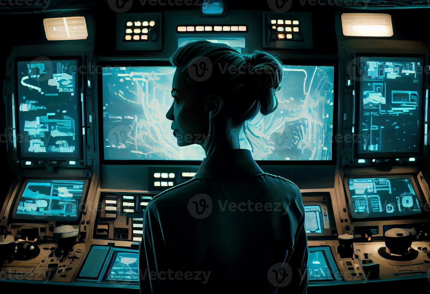 Captain stood on the bridge of the spaceship. Generate Ai. photo
