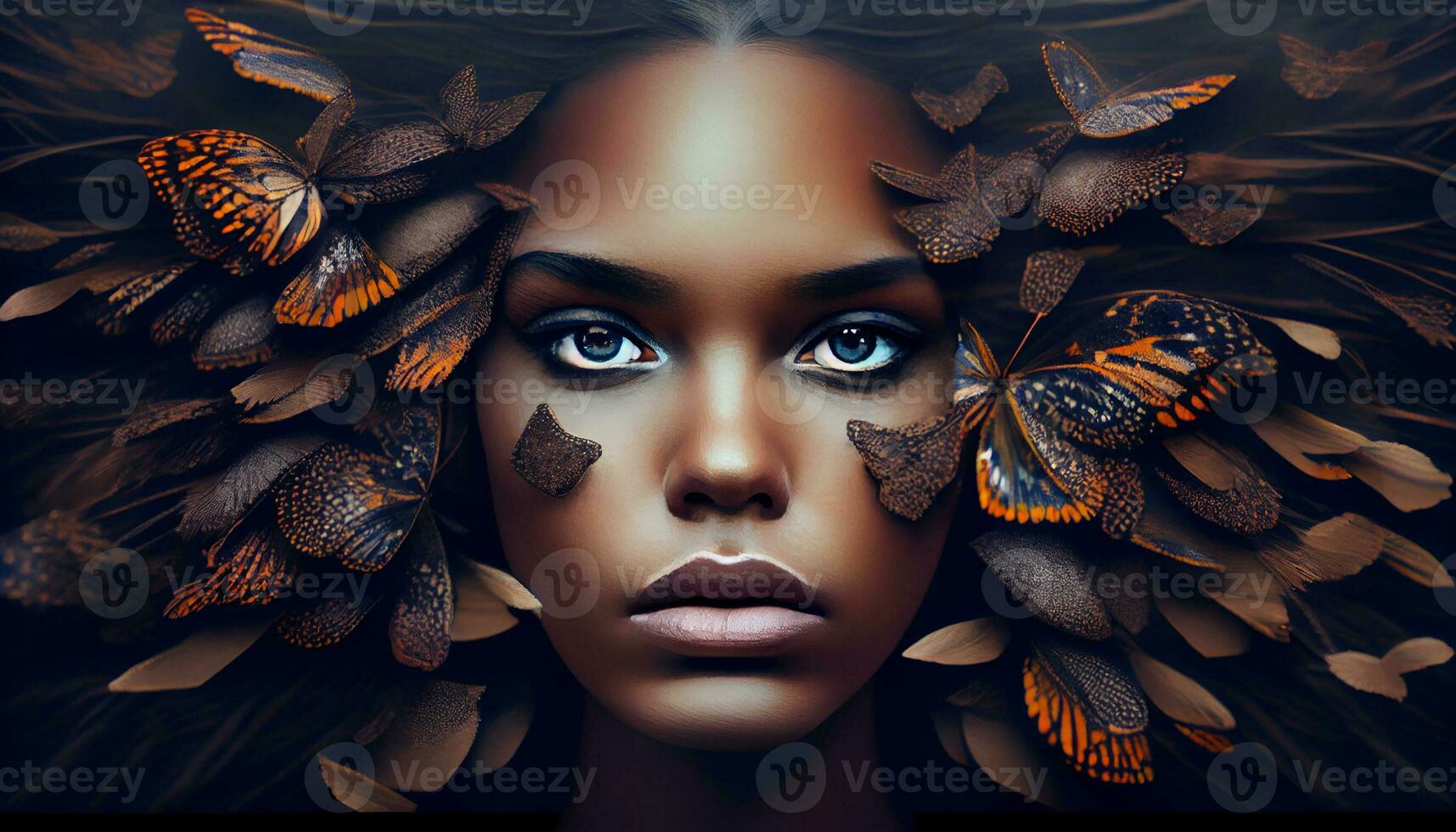Woman's face sticking out in the middle of a full group of butterflies. Generate Ai. photo