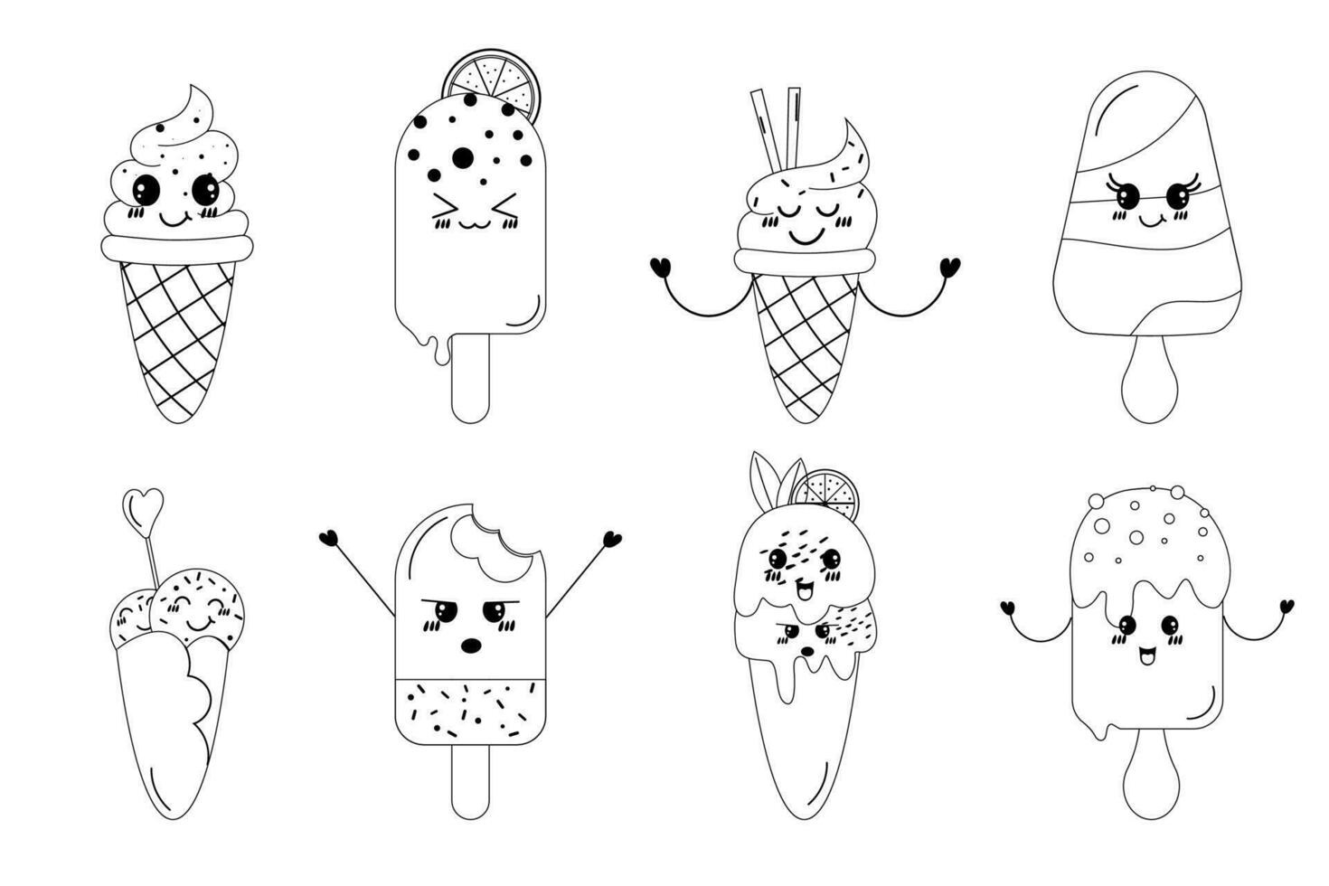 A set of hand-drawn outline kawaii different  ice cream. Hand drawn doodle design vector