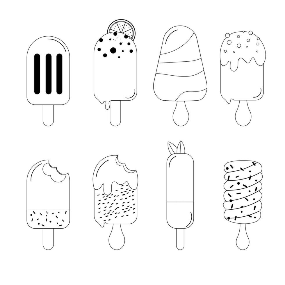 A set of hand-drawn outline ice cream on a stick. Hand drawn doodle design vector