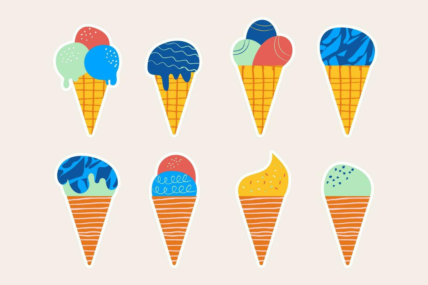 Set of hand-drawn stickers ice cream cones. Hand drawn flat design vector