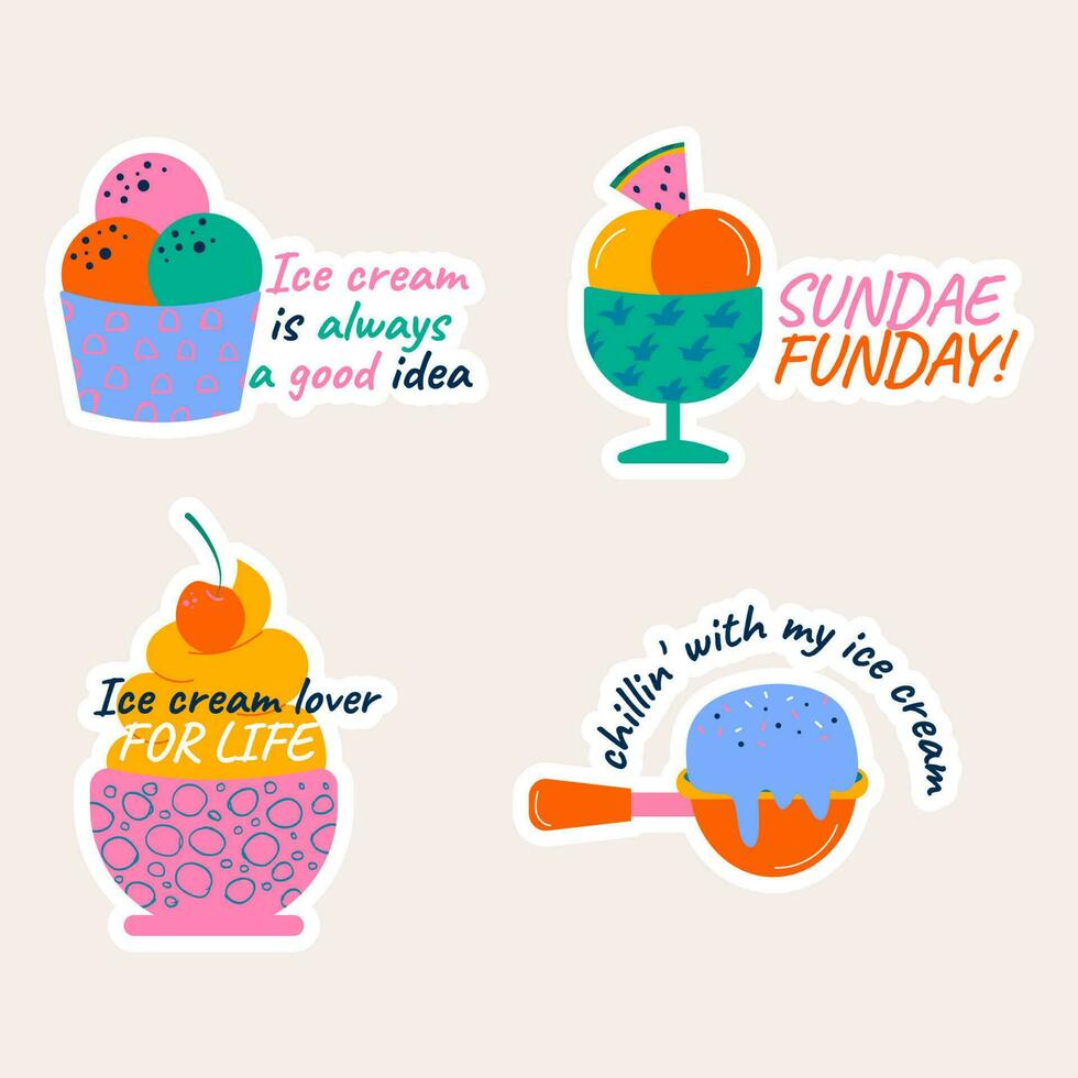Set of  stickers different ice cream lettering style hand drawn vector