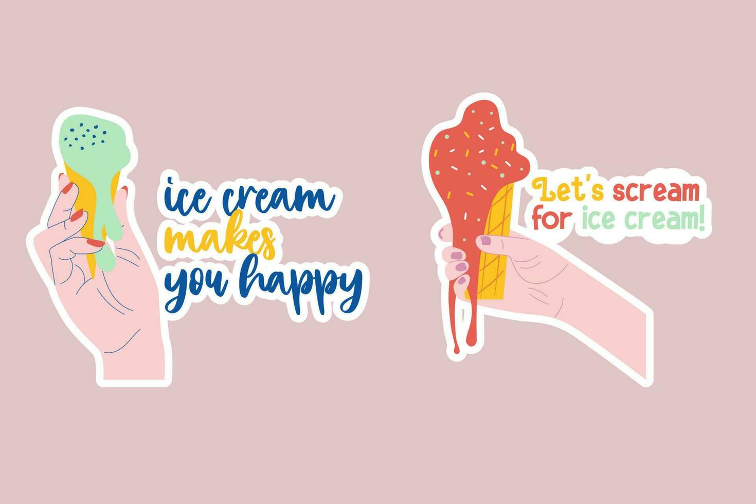 Ice cream stickers set melted in the hands of a lettuce style hand drawn vector