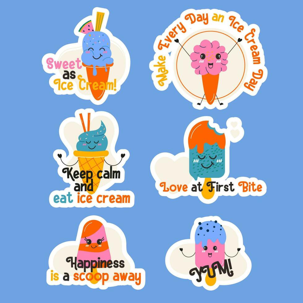Set of kawaii stickers ice cream lettering style hand drawn vector