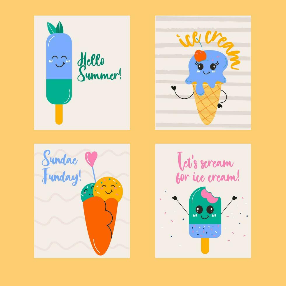 Kawaii  ice cream hand drawn summer card collection template vector