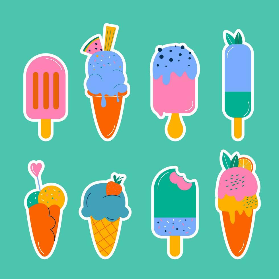 A set of different  stickers hand-drawn ice creams. Flat, hand-drawn design vector