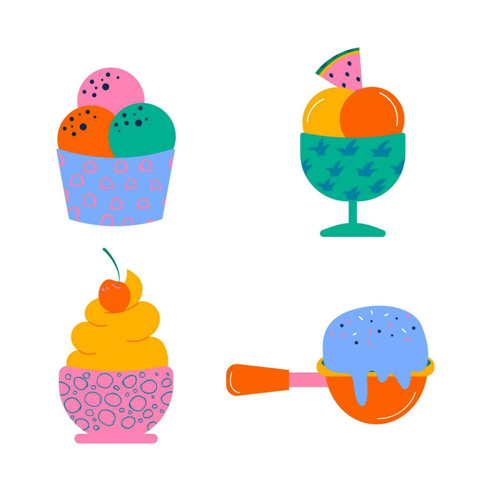 Hand drawn different types of ice cream in a glass flat design vector