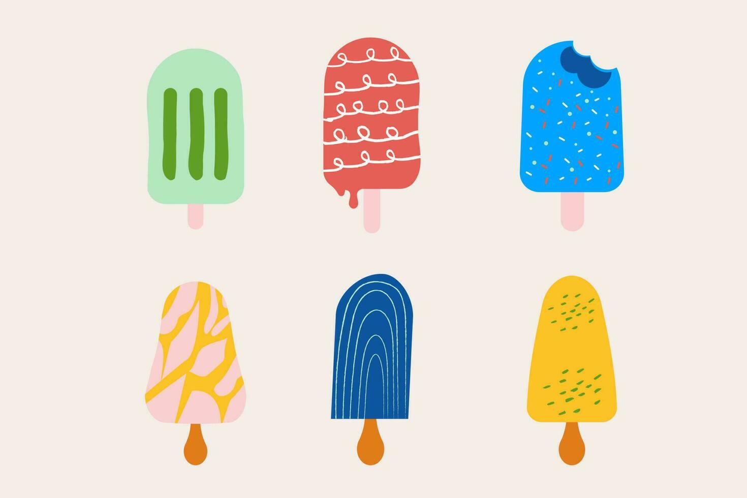 Set of hand drawn ice cream cones on a stick flat design vector