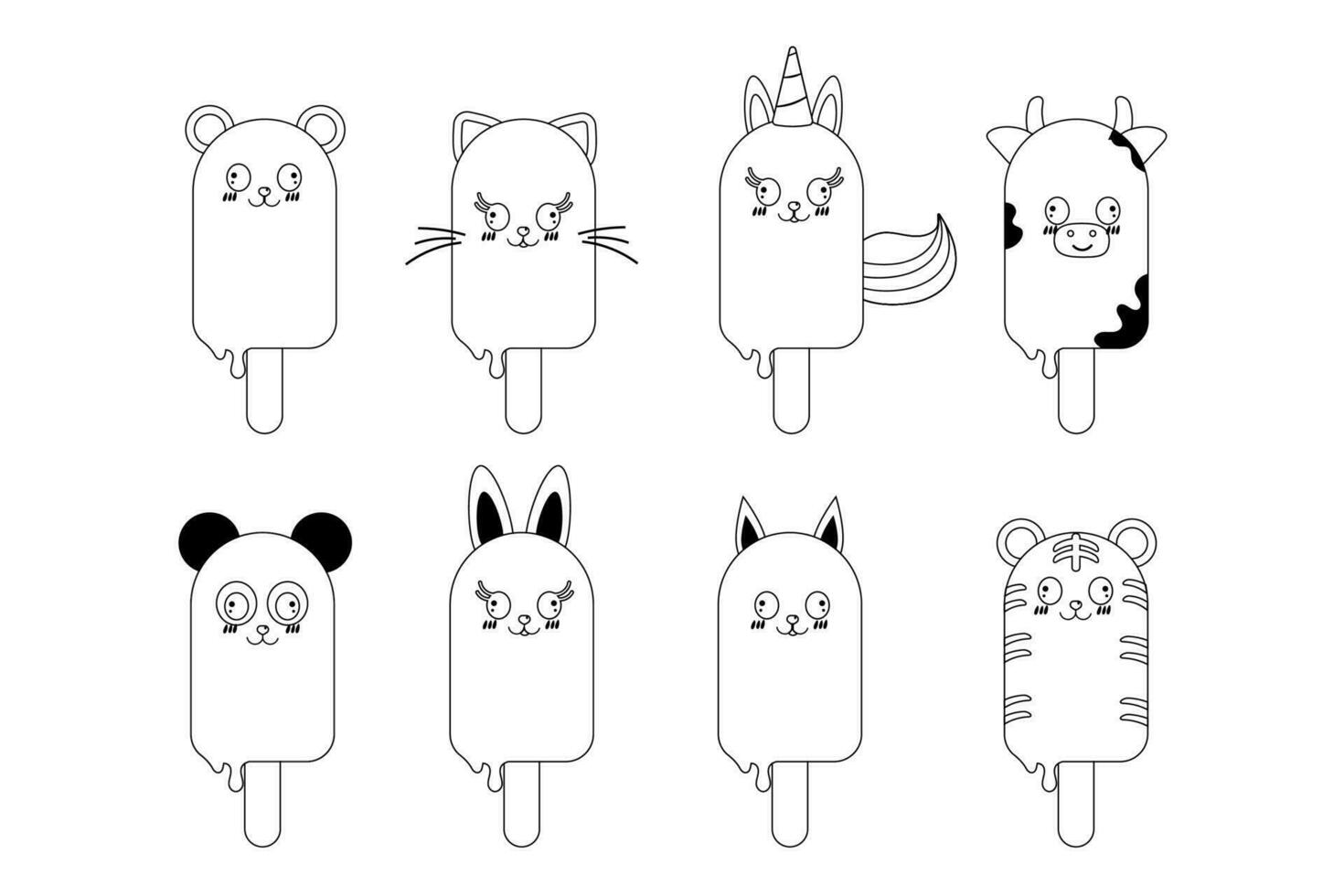 Set of hand drawn outline  ice cream kawaii in the form of animals vector