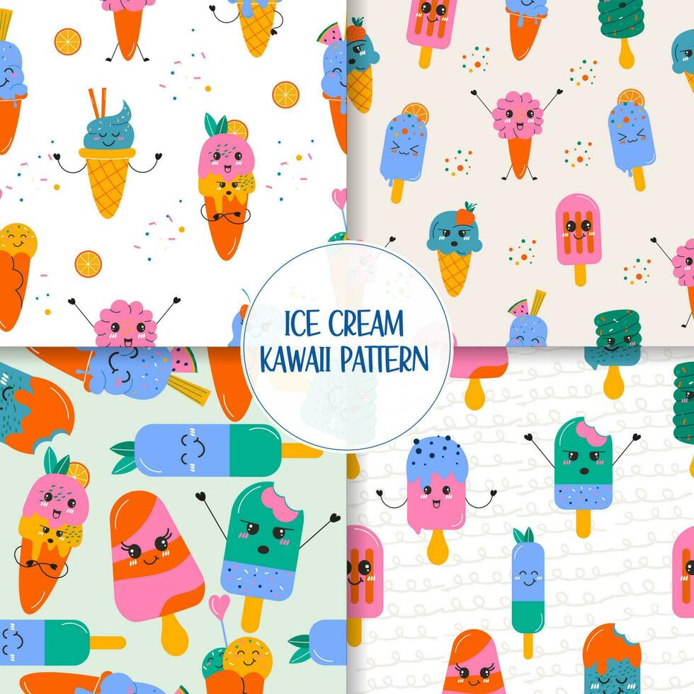 Set seamless kawaii ice cream pattern hand drawn vector