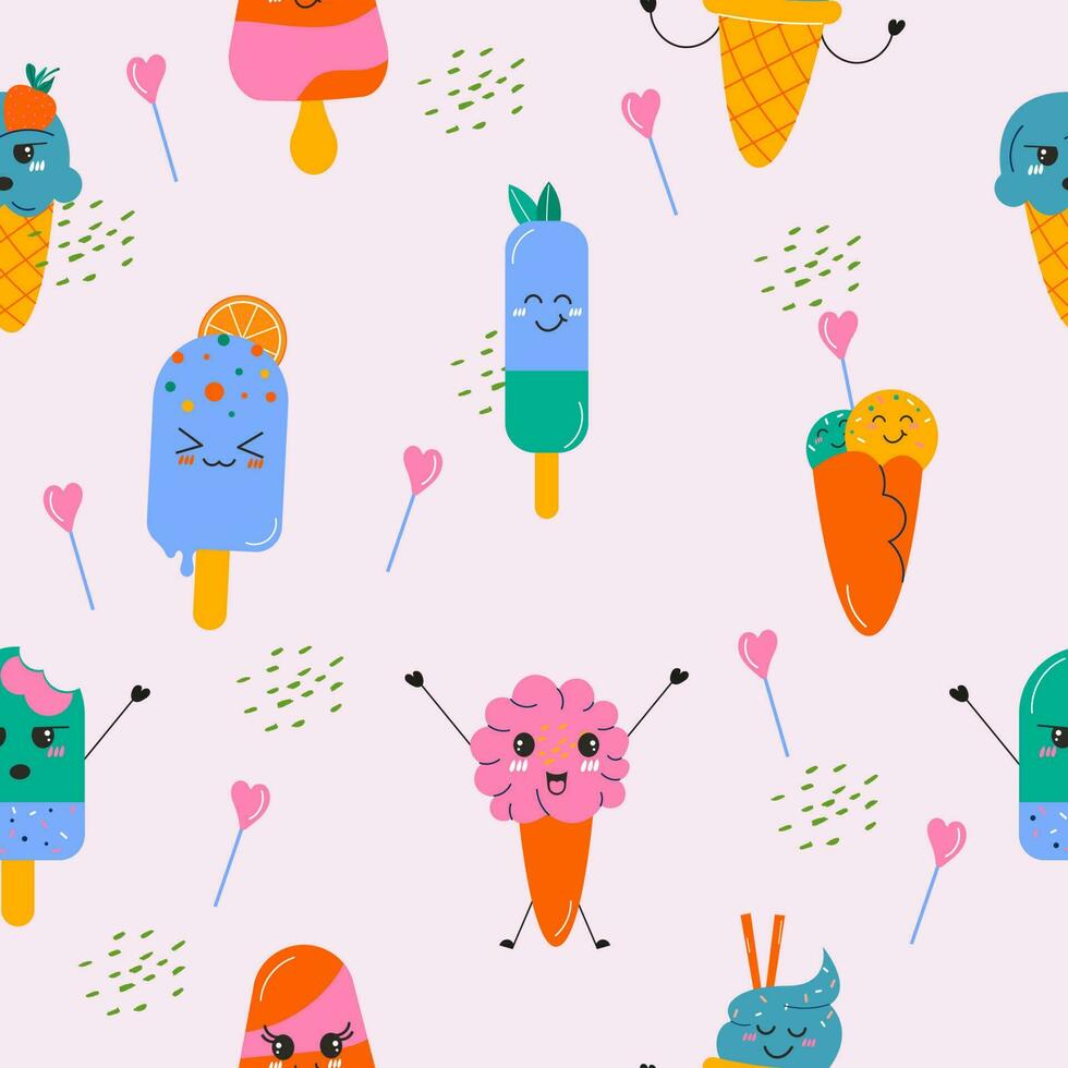 Seamless kawaii ice cream pattern hand drawn. vector