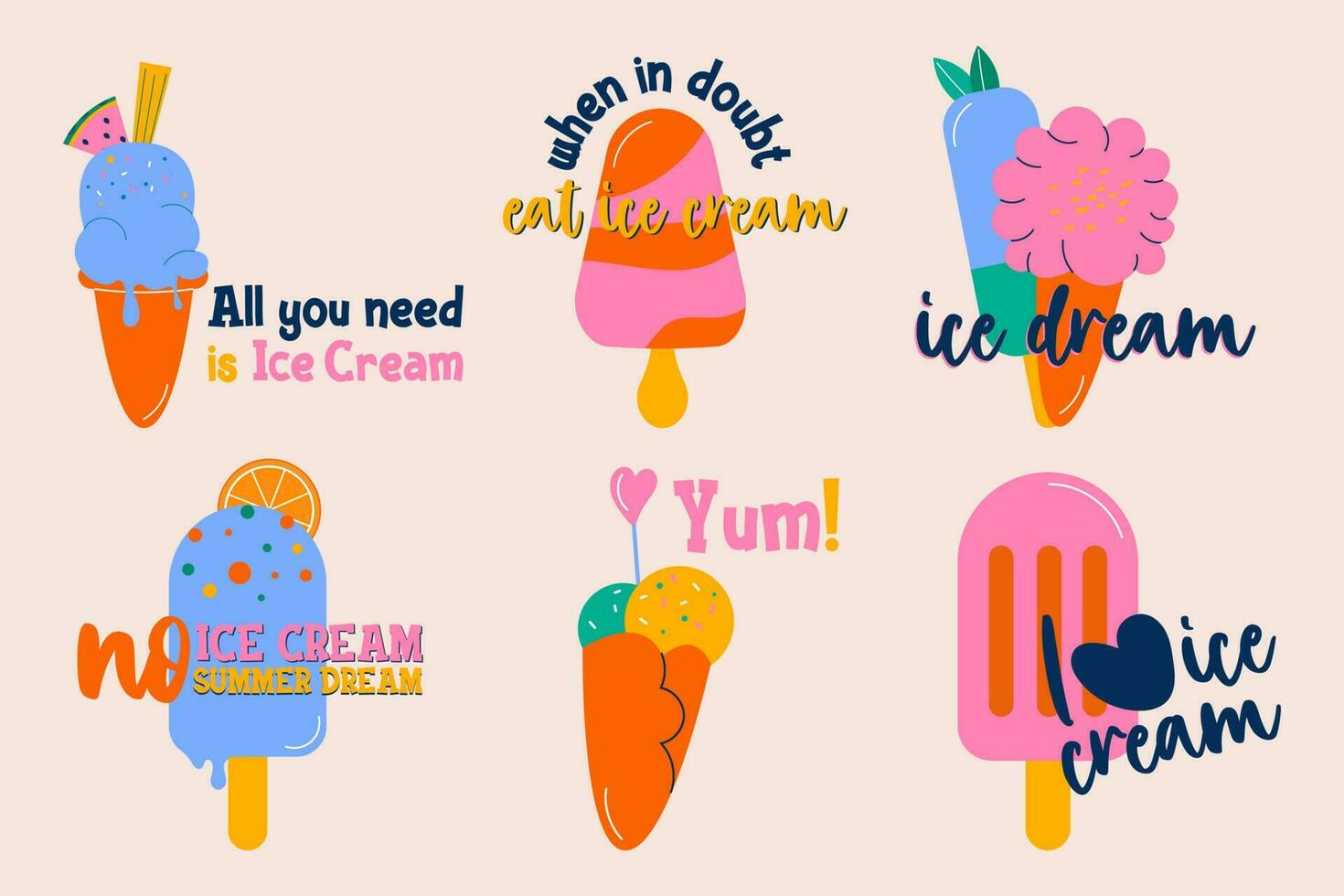 Set of ice cream lettering style hand drawn vector