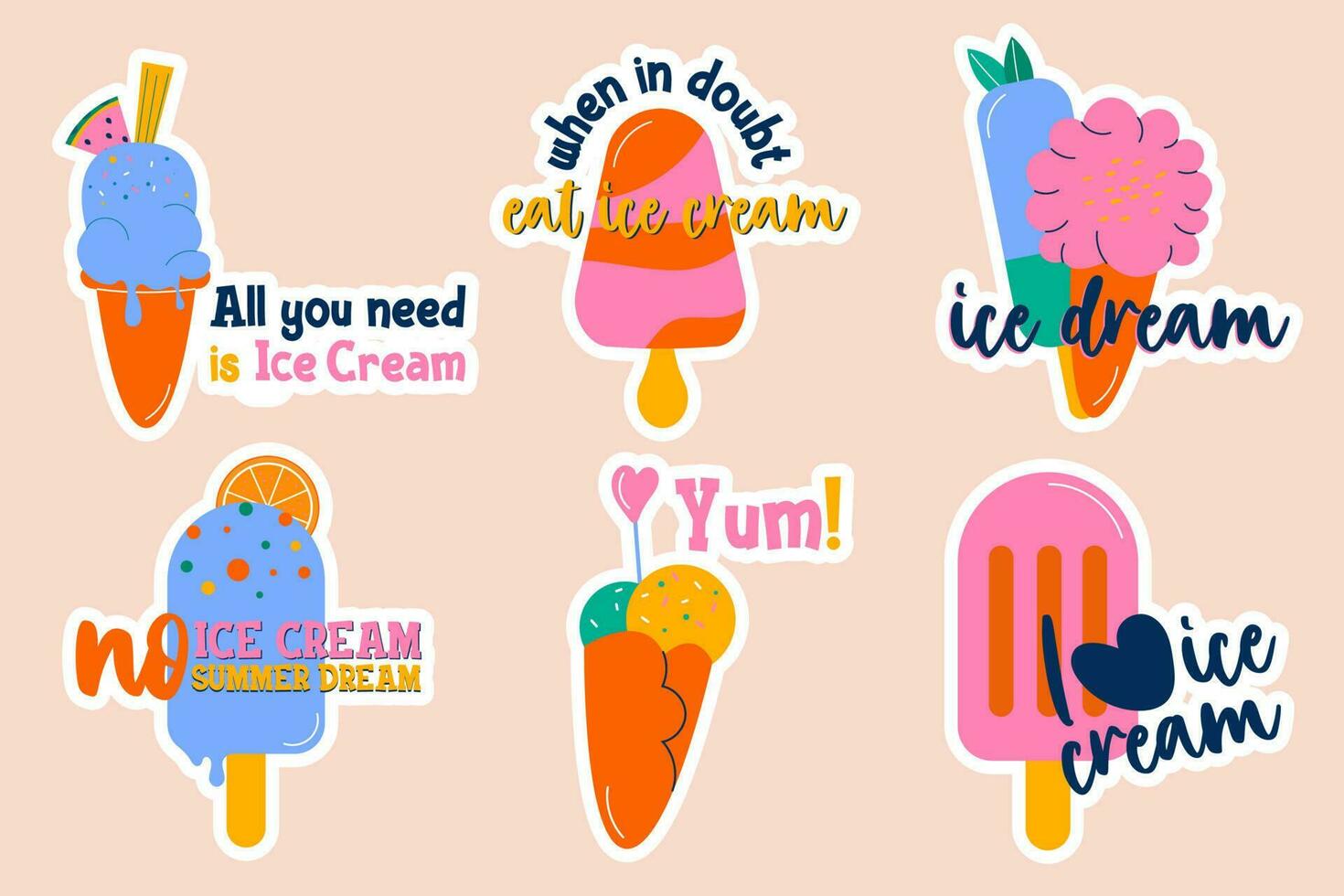 Set of ice cream stickers lettering style hand drawn vector