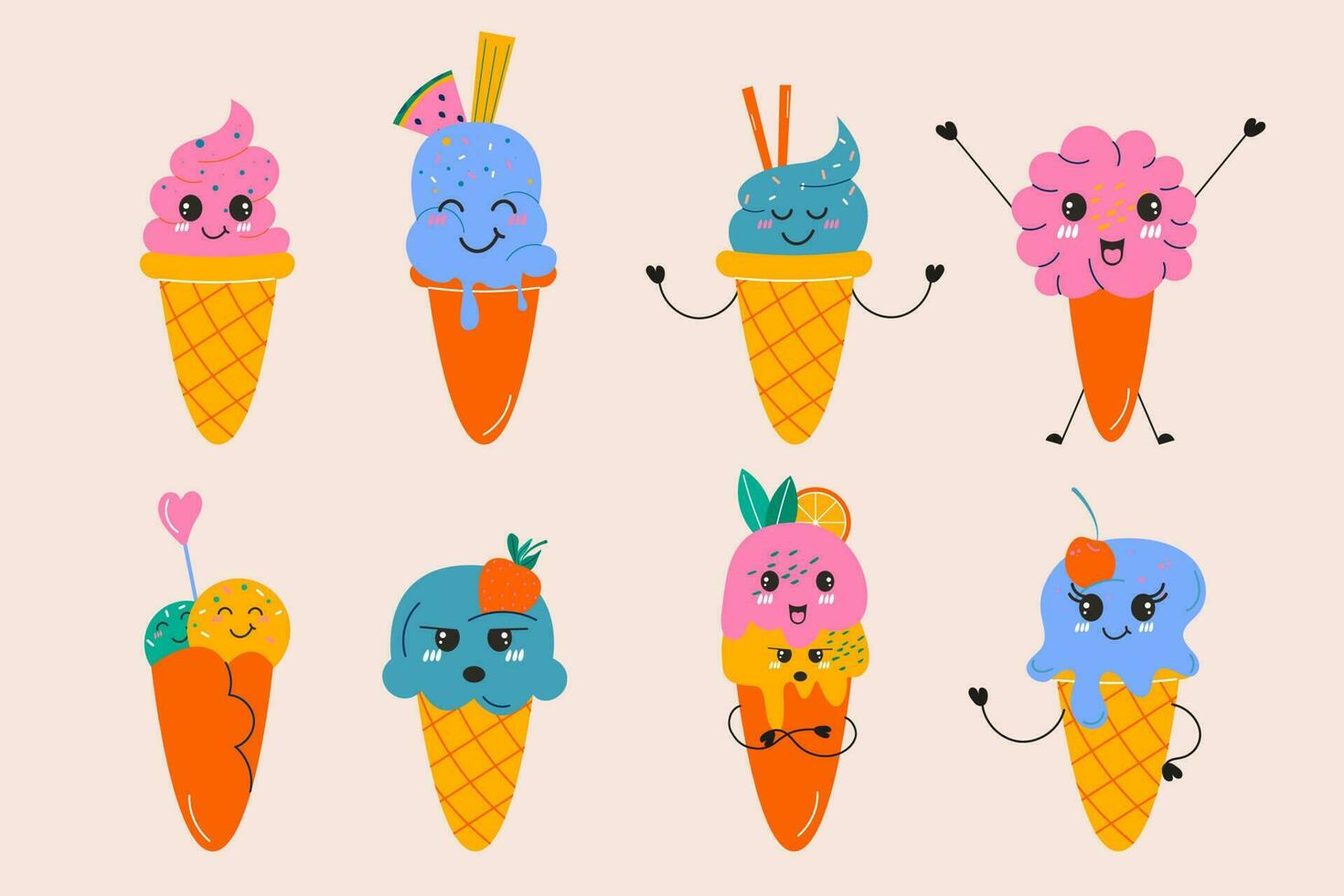 Set of hand drawn kawaii ice cream cone. Hand drawn flat design vector