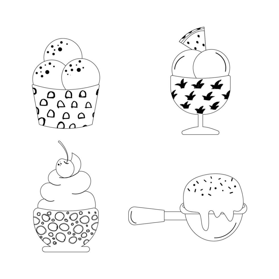 Hand drawn different types of outline  ice cream in a glass doodle design vector