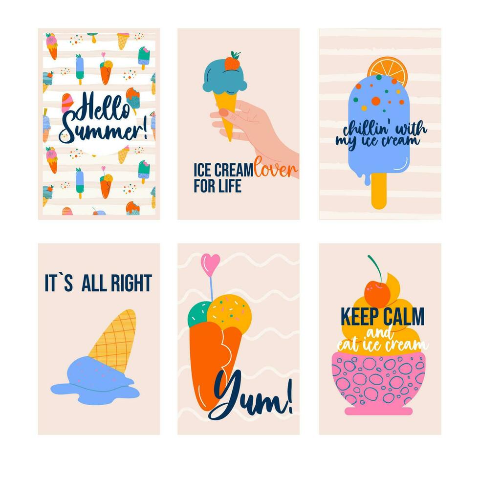 Ice cream hand drawn summer card collection template. Hello summer vector