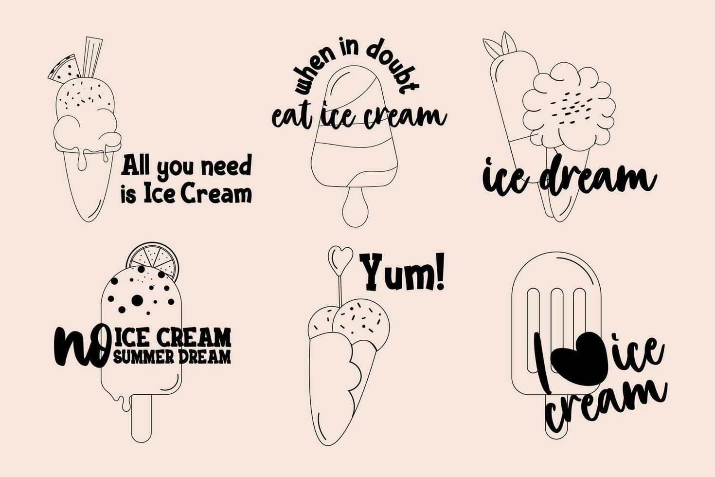 Ice cream outline set of doodle badge label design with lettering vector