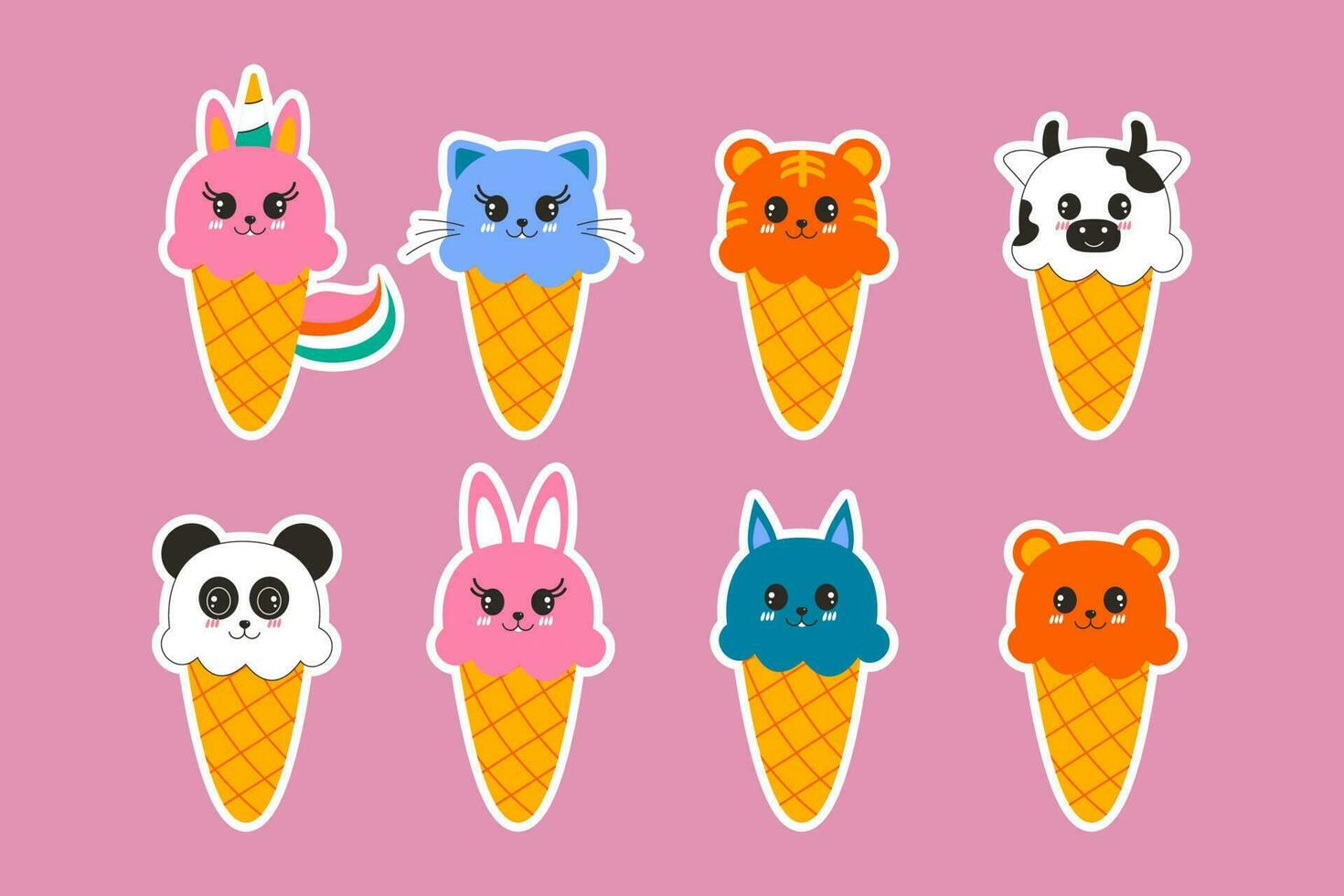 conjunto de dibujado a mano pegatinas hielo crema kawaii animal conformado plano diseño vector