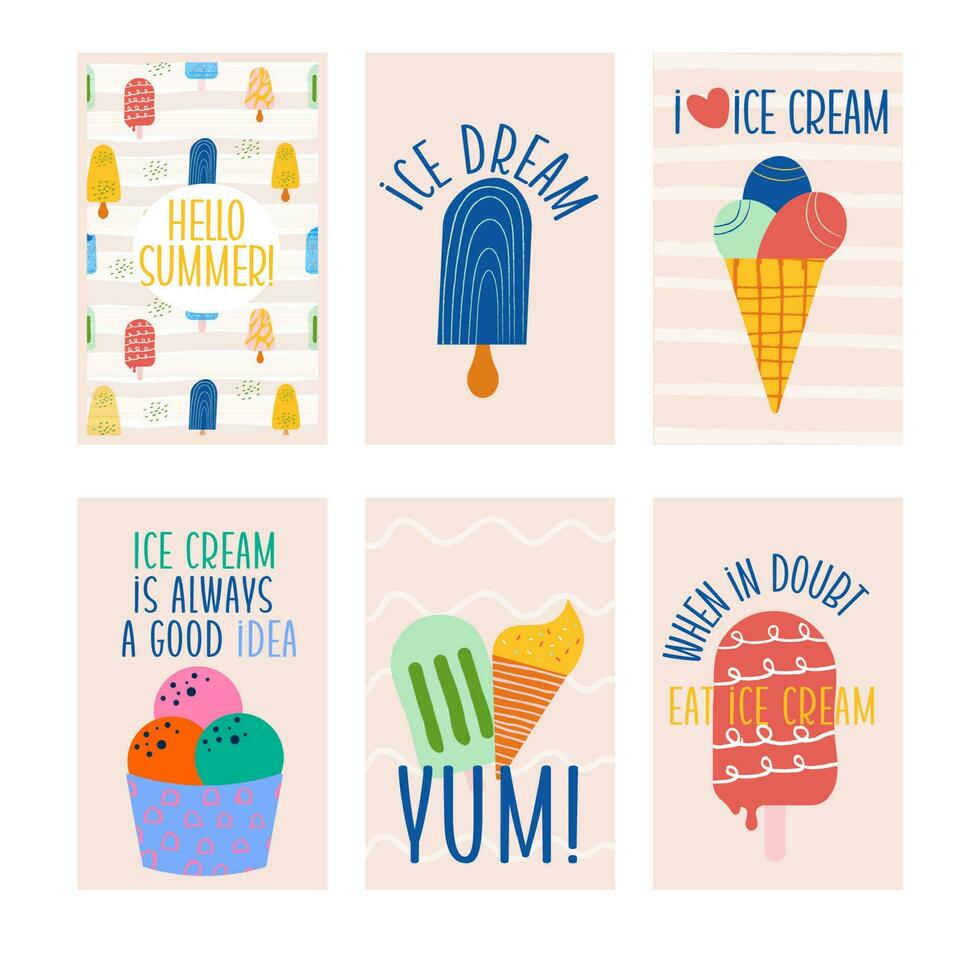 Ice cream hand drawn card collection template. Hello summer vector