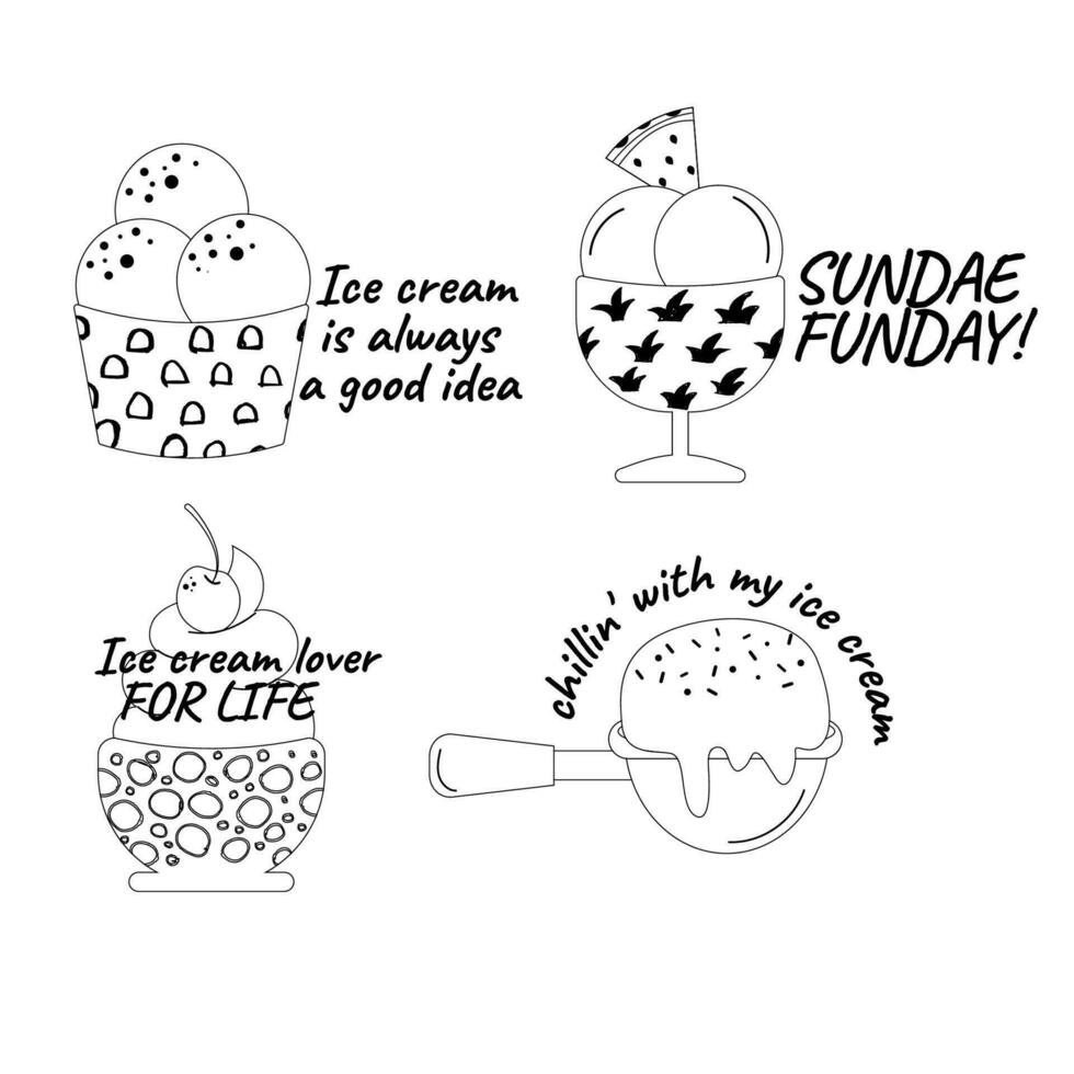 Ice cream lettering outline set of different types doodle badge label design vector