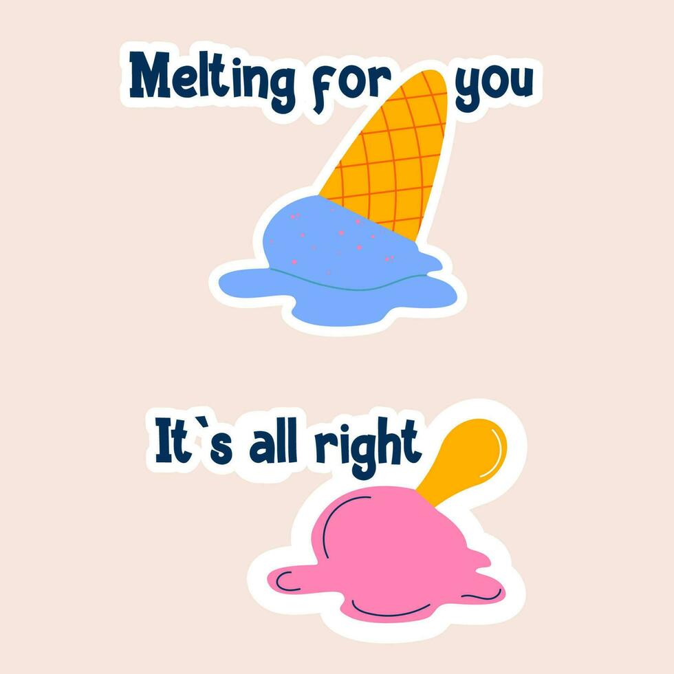 Ice cream  stickers set melted lettering style hand drawn vector