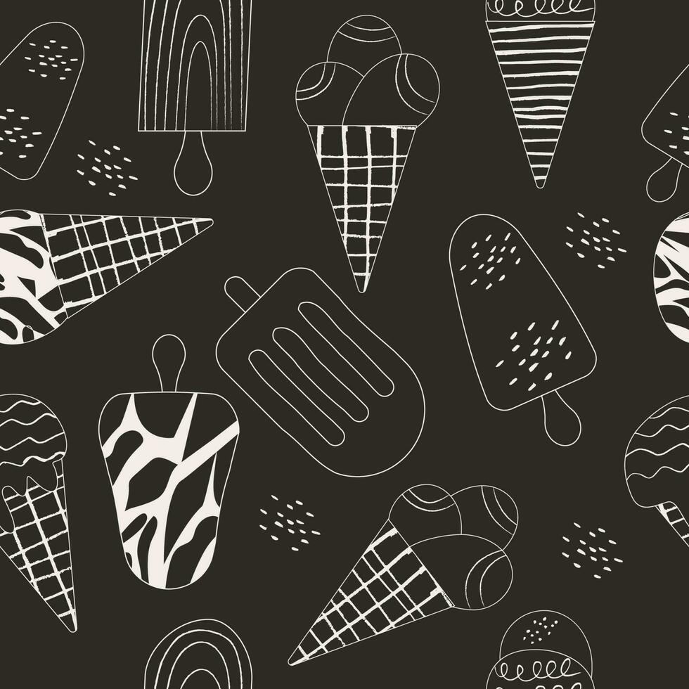 Seamless outline pattern ice cream hand drawn on black background. vector