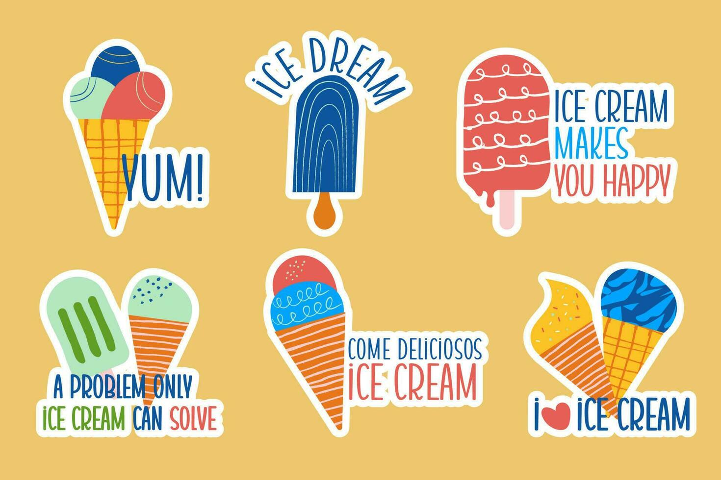 Ice cream stickers lettering set style hand drawn flat design vector