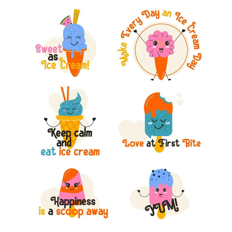 Set of kawaii ice cream lettering style hand drawn vector