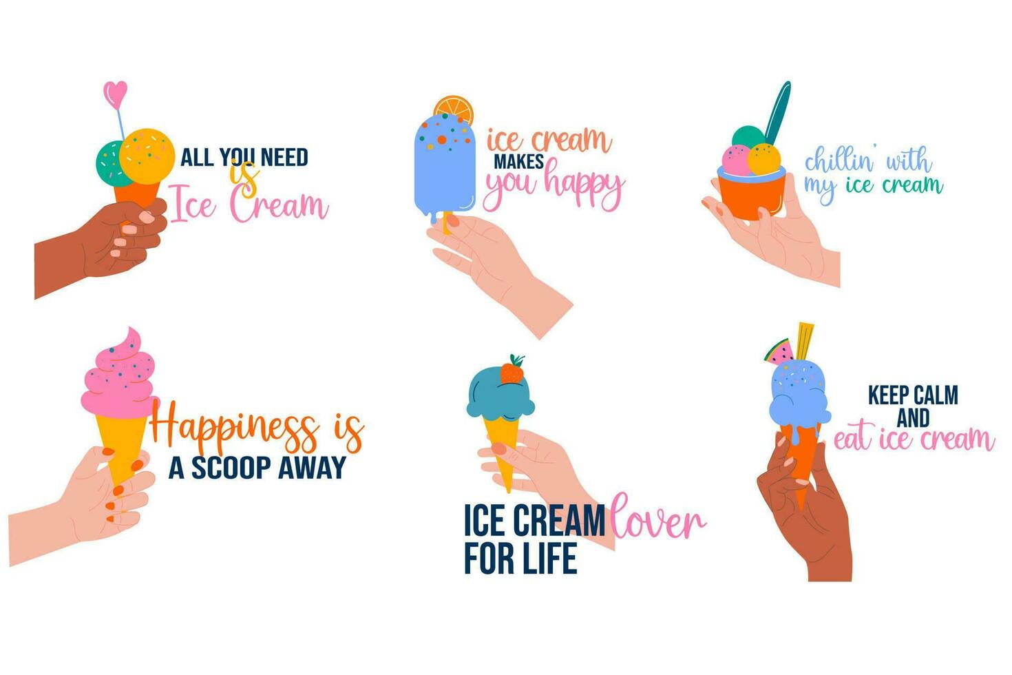 Set of ice cream in the hands of lettuce style hand drawn vector