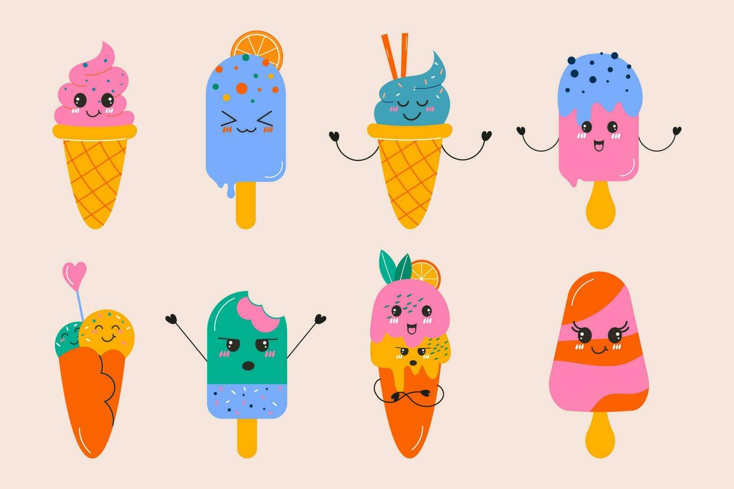 A set of hand-drawn kawaii different  ice cream. Hand drawn flat design vector