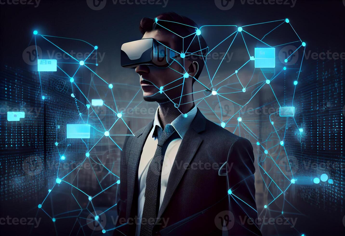 Computer generated environment network connecting , Businessman virtual reality on social media with blockchain. Generate Ai photo