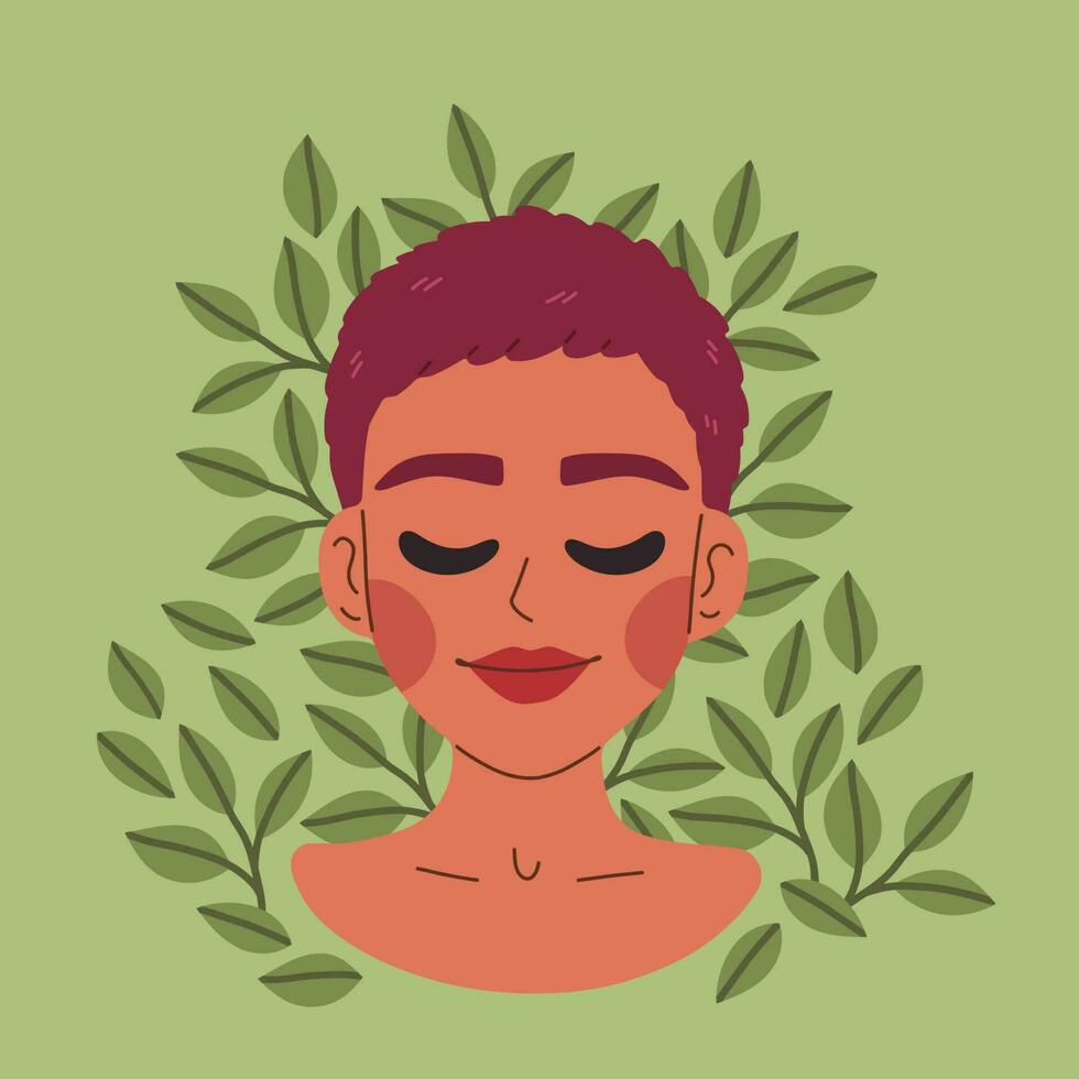 mental salud. sano mentalidad y yo cuidado ilustración colocar. contento mujer sensación seguro, relajarse, aceptar y amor sí misma. cuidados personales y aceptación concepto. vector ilustración.