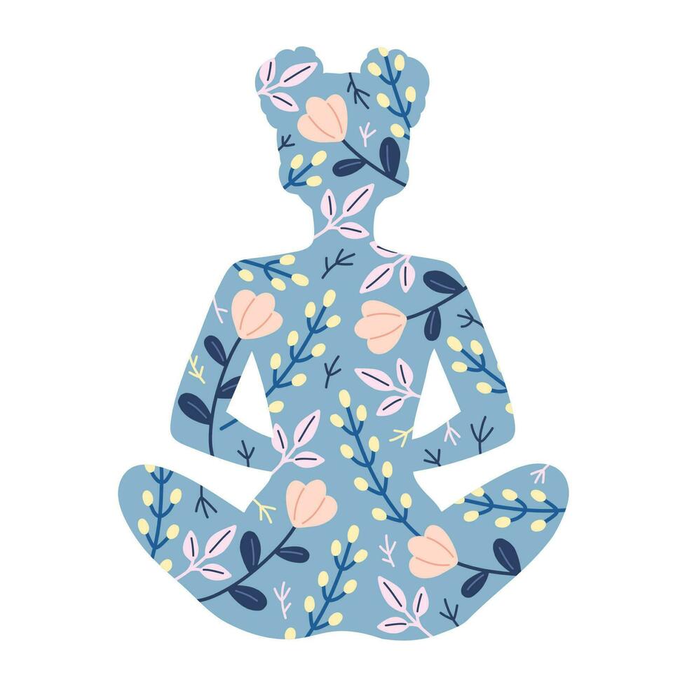 Yoga girl silhouette with stars in flowers position isolated. Chic tattoo, sticker or print design vector illustration