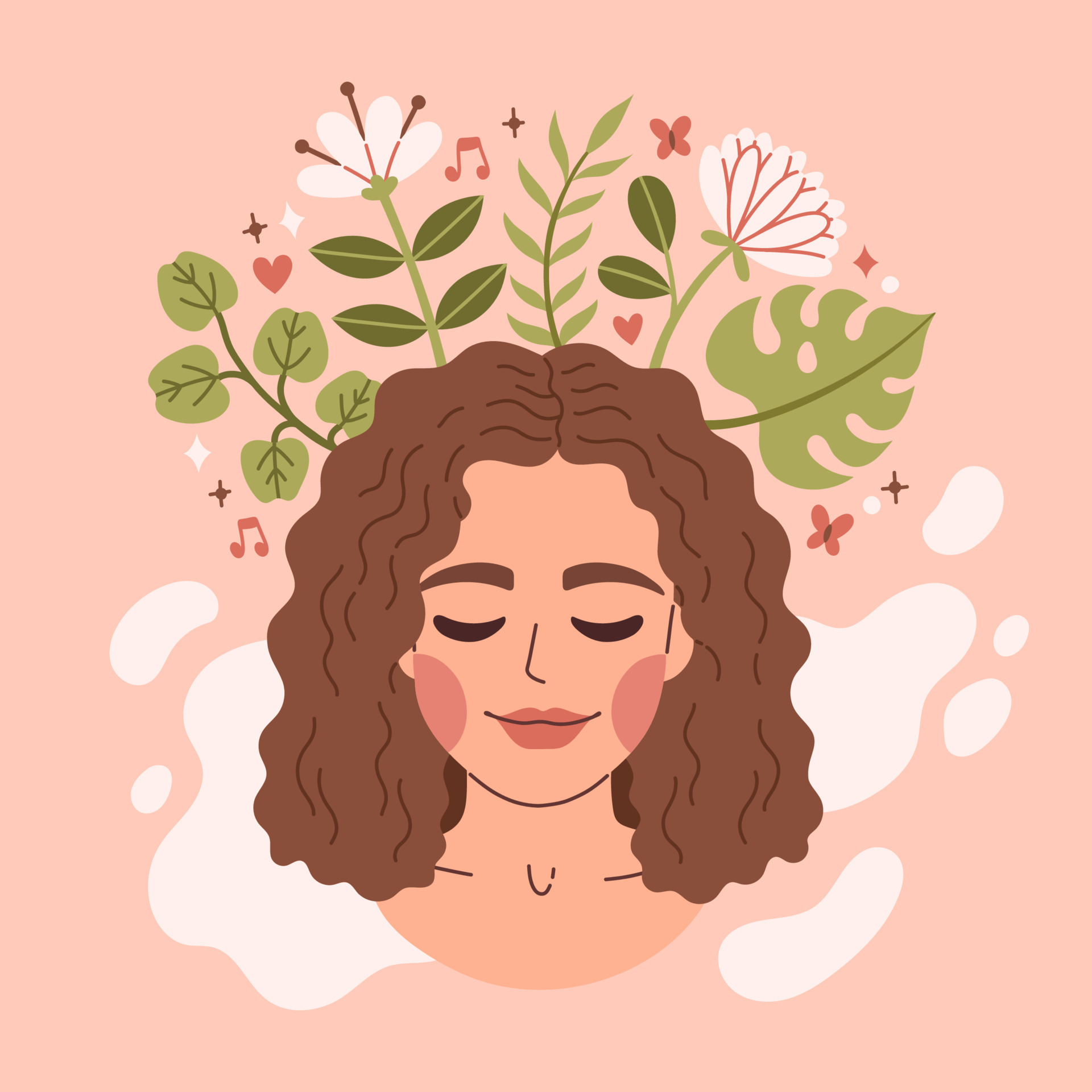 Mental health. Healthy mentality and self care illustration set. Happy