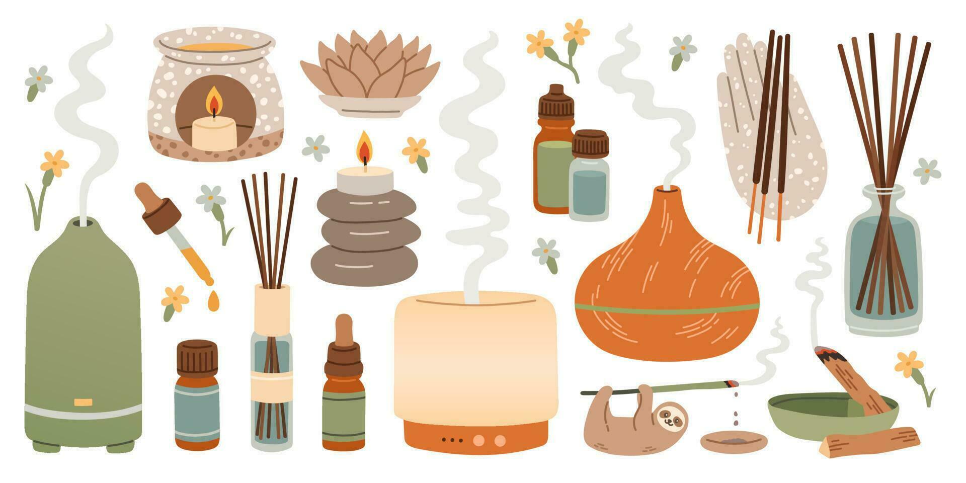 Aromatherapy set. Aroma lamps of different shapes and sizes. Aromatic oil. Ayurveda Aromatic therapy. Vector illustration