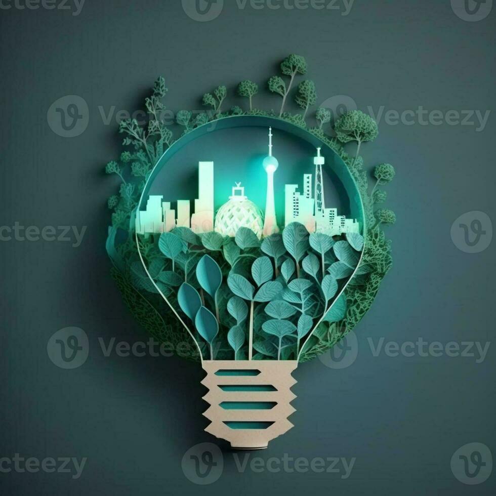 Paper art , renewable energy with green energy as wind turbines , Renewable energy by Carbon neutral energy , Energy consumption and CO2, Reduce CO2 emission concept. Generate Ai photo