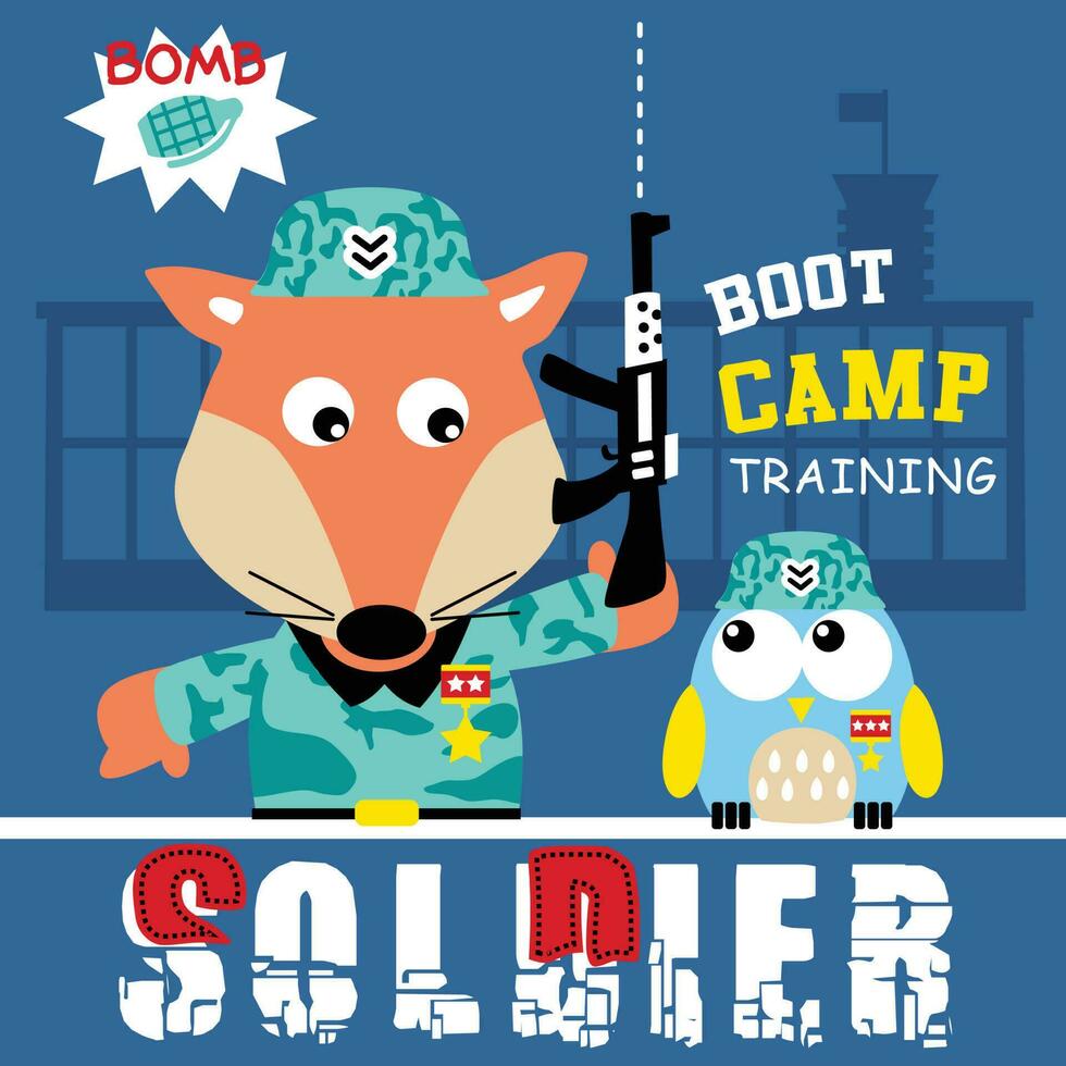 owl and fox the soldier  funny animal cartoon vector