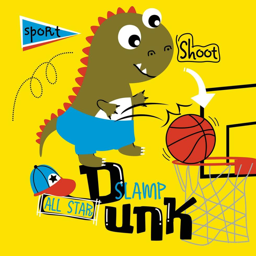 dinosaur playing basketball funny animal cartoon vector